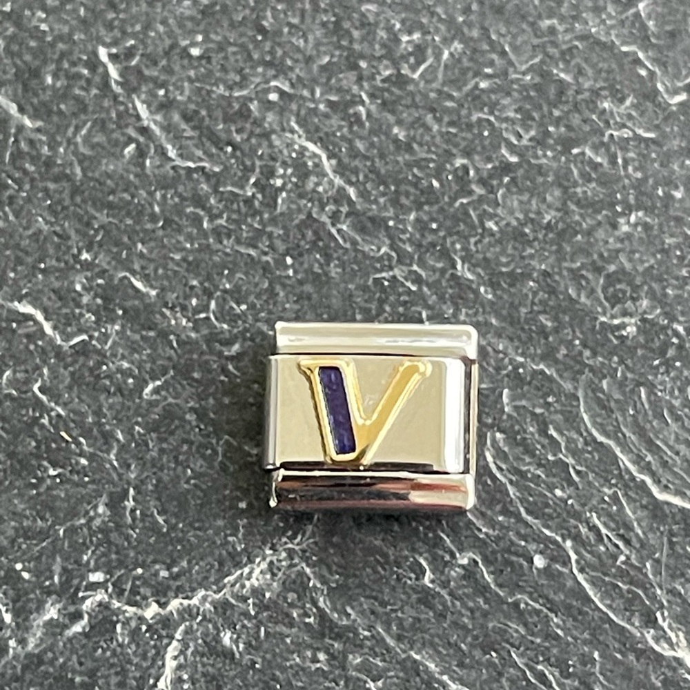 Zoppini Stainless Steel and gold blue enameled letter V